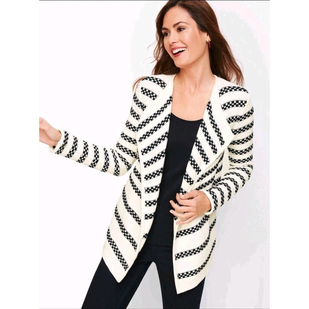 Talbots Women's Cardigan Large Black White Open Front Stripes Knit Flowy Casual
